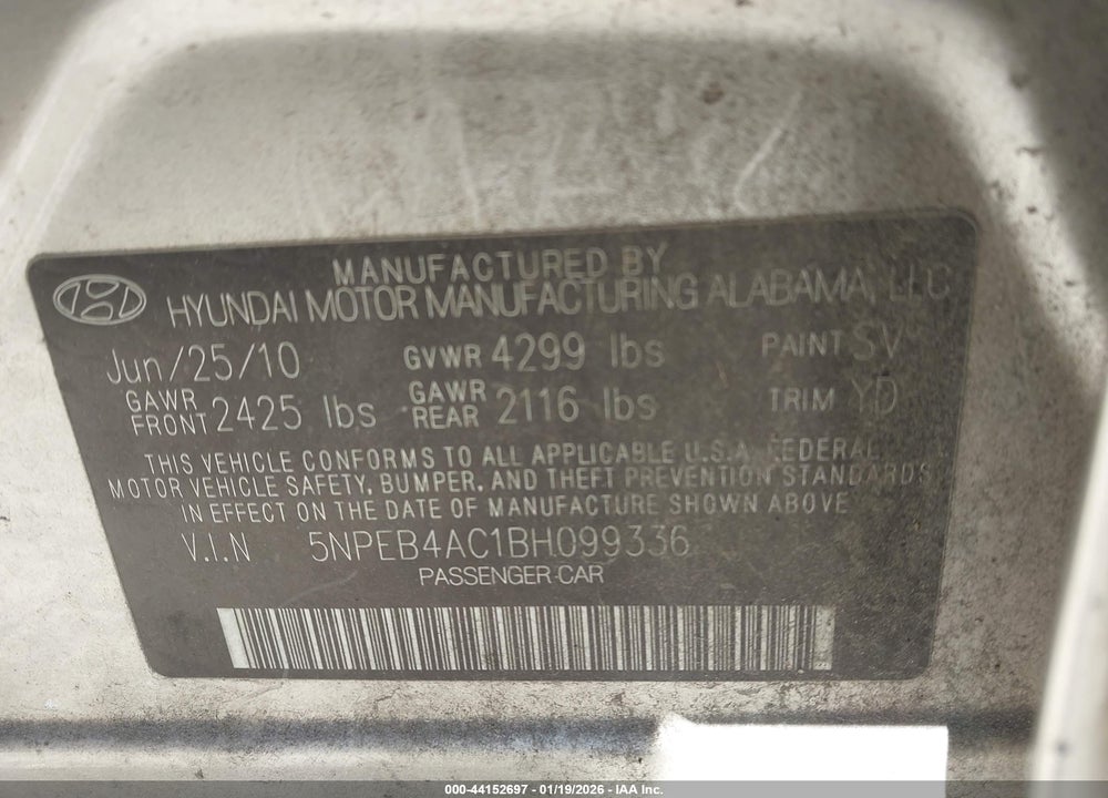 2011 HYUNDAI SONATA GLS VIN: 5NPEB4AC1BH099336
