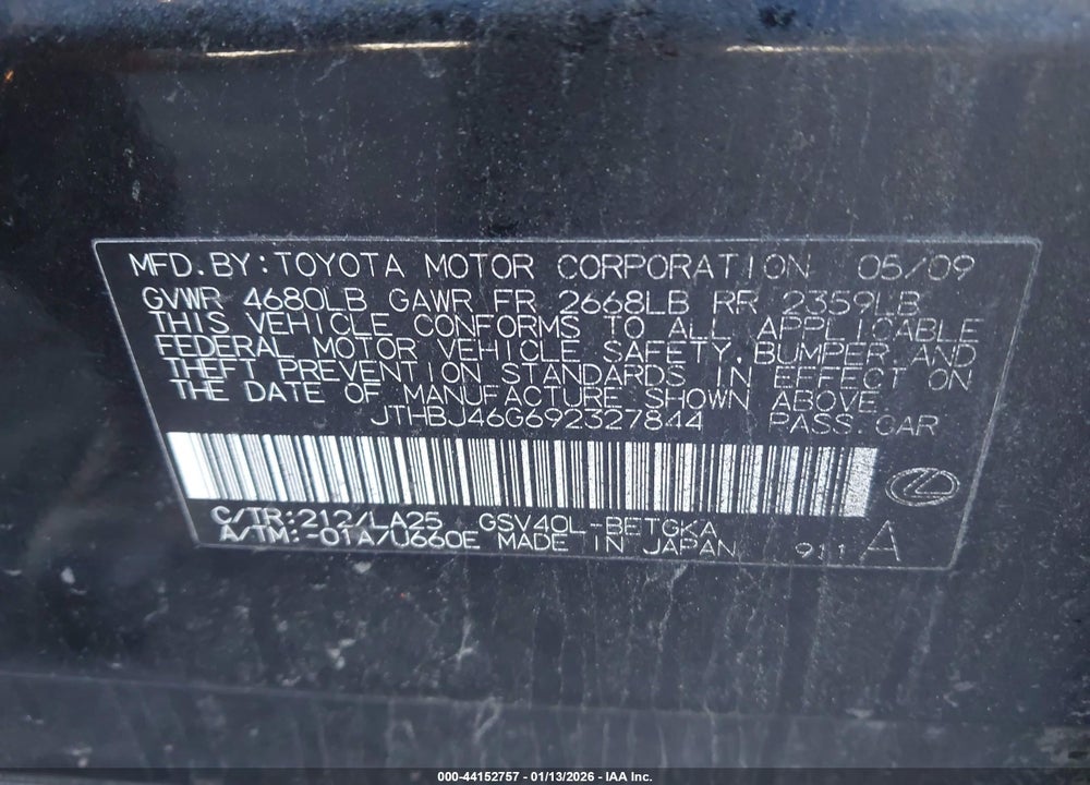 2009 LEXUS ES 350 VIN: JTHBJ46G692327844