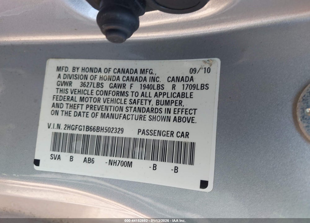2011 HONDA CIVIC LX VIN: 2HGFG1B66BH502329