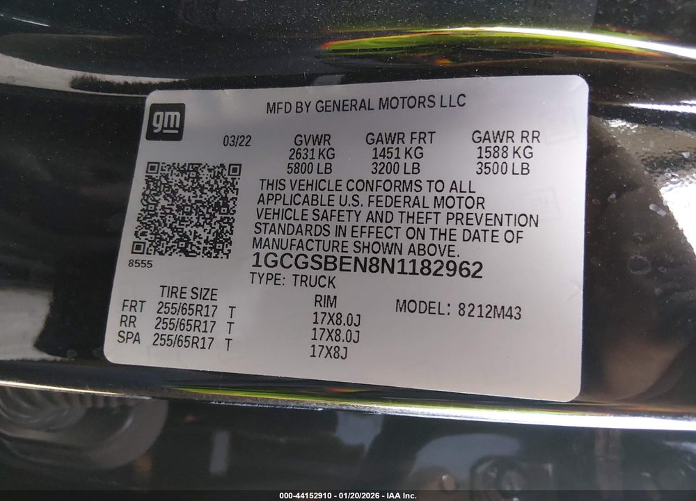 2022 CHEVROLET COLORADO 2WD  SHORT BOX WT VIN: 1GCGSBEN8N1182962