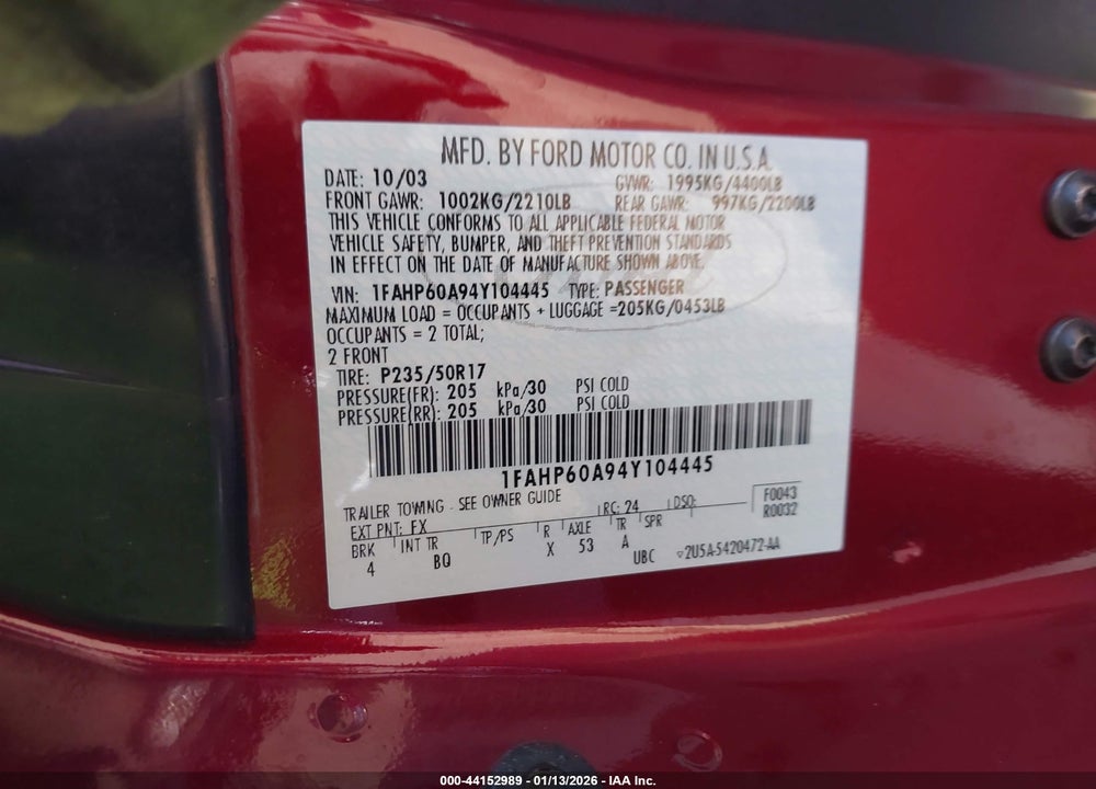 2004 FORD THUNDERBIRD VIN: 1FAHP60A94Y104445