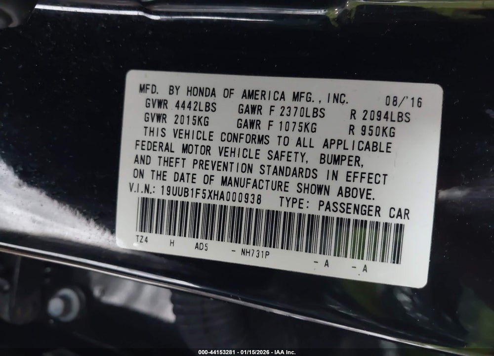 2017 ACURA TLX TECHNOLOGY PACKAGE VIN: 19UUB1F5XHA000938