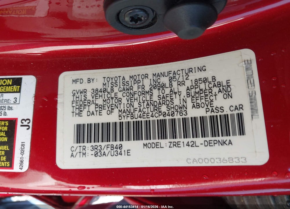 2012 TOYOTA COROLLA LE VIN: 5YFBU4EE4CP040763