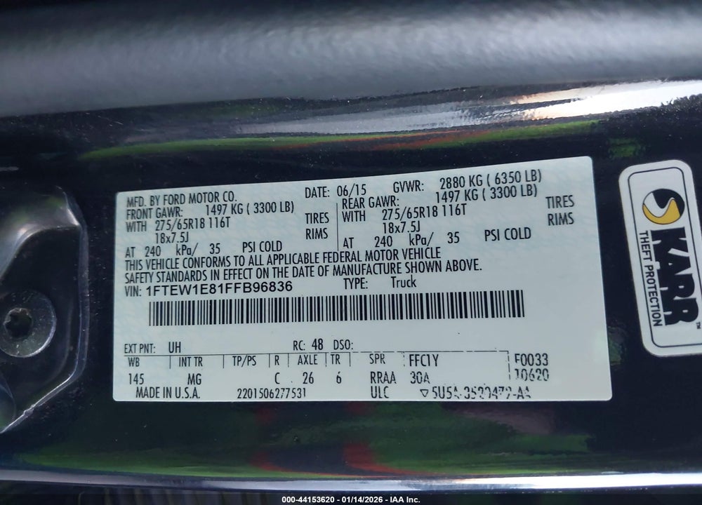 2015 FORD F-150 XLT VIN: 1FTEW1E81FFB96836