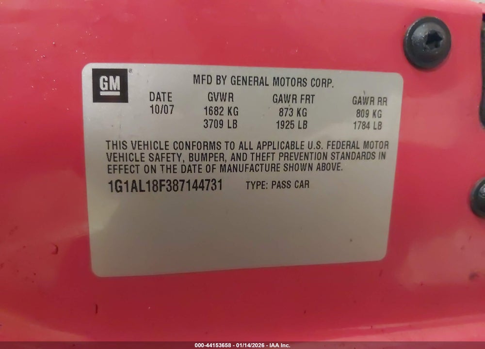 2008 CHEVROLET COBALT LT VIN: 1G1AL18F387144731