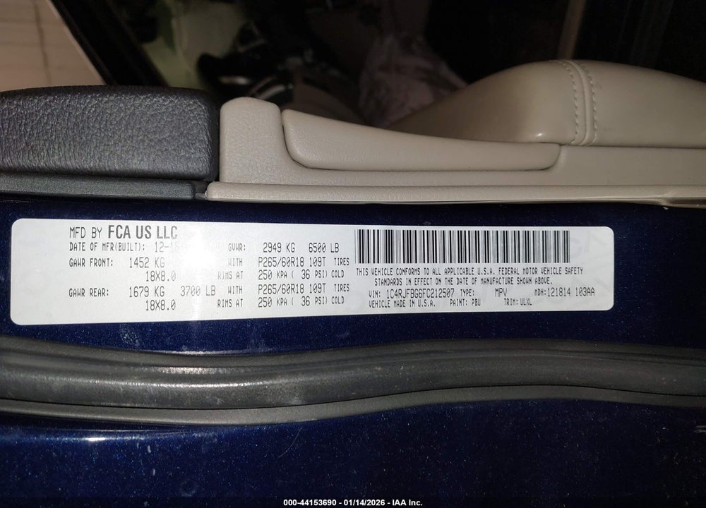 2015 JEEP GRAND CHEROKEE LIMITED VIN: 1C4RJFBG6FC212507