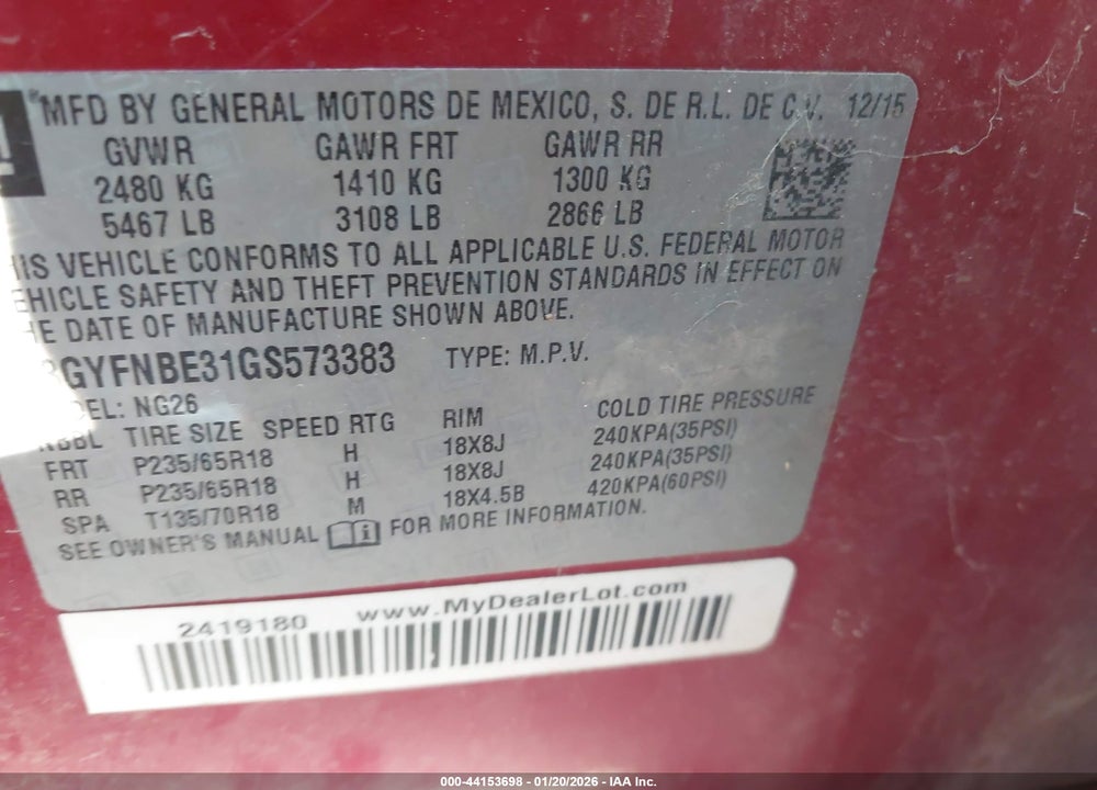 2016 CADILLAC SRX LUXURY COLLECTION VIN: 3GYFNBE31GS573383