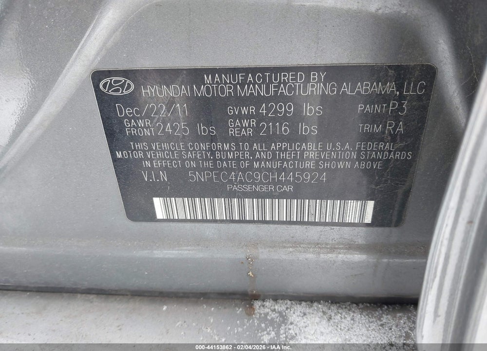 2012 HYUNDAI SONATA SE VIN: 5NPEC4AC9CH445924