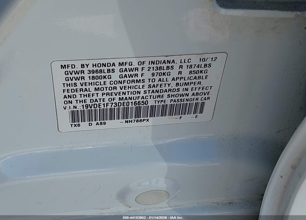 2013 ACURA ILX 2.0L VIN: 19VDE1F73DE016650
