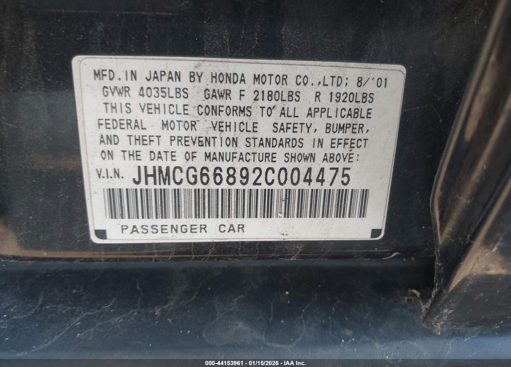2002 HONDA ACCORD 2.3 EX/2.3 SE VIN: JHMCG66892C004475