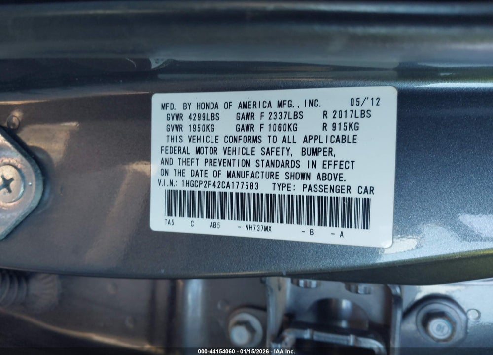 2012 HONDA ACCORD 2.4 LX-P VIN: 1HGCP2F42CA177583