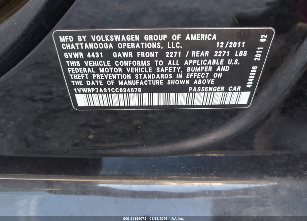 2012 VOLKSWAGEN PASSAT 2.5L SE VIN: 1VWBP7A31CC034678