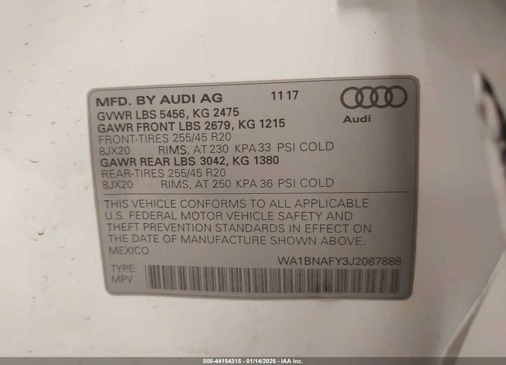 2018 AUDI Q5 2.0T PREMIUM VIN: WA1BNAFY3J2087888