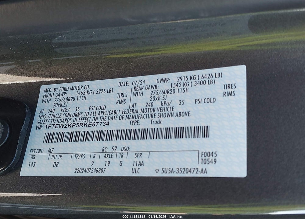 2024 FORD F-150 STX VIN: 1FTEW2KP5RKE67734
