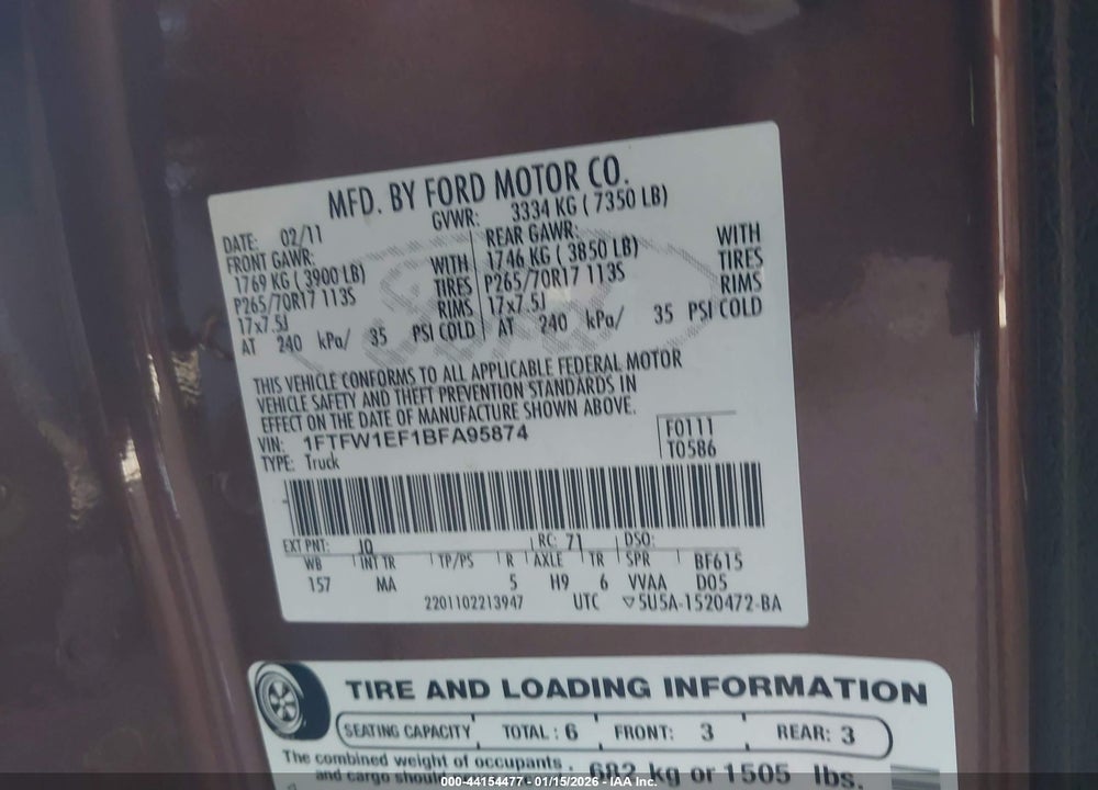 2011 FORD F-150 XLT VIN: 1FTFW1EF1BFA95874