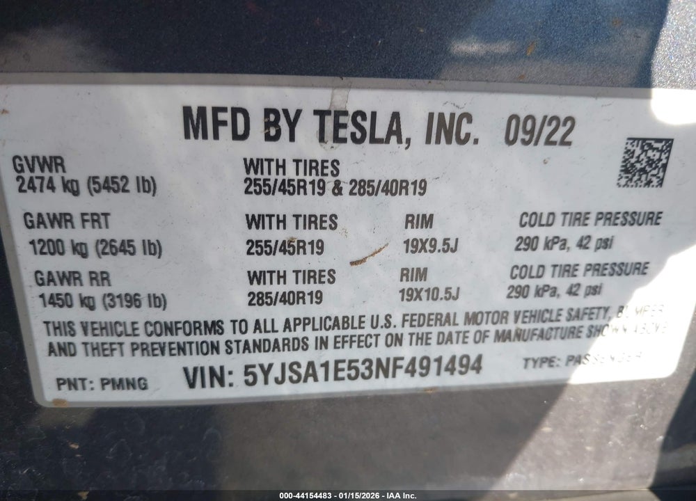 2022 TESLA MODEL S DUAL MOTOR ALL-WHEEL DRIVE VIN: 5YJSA1E53NF491494