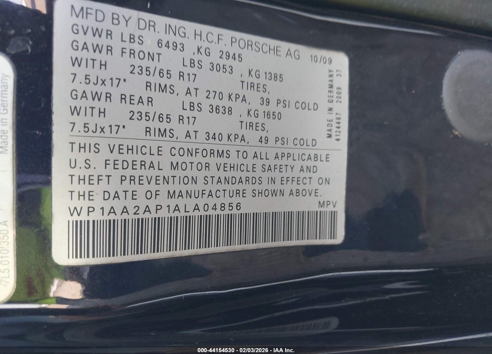 2010 PORSCHE CAYENNE VIN: WP1AA2AP1ALA04856