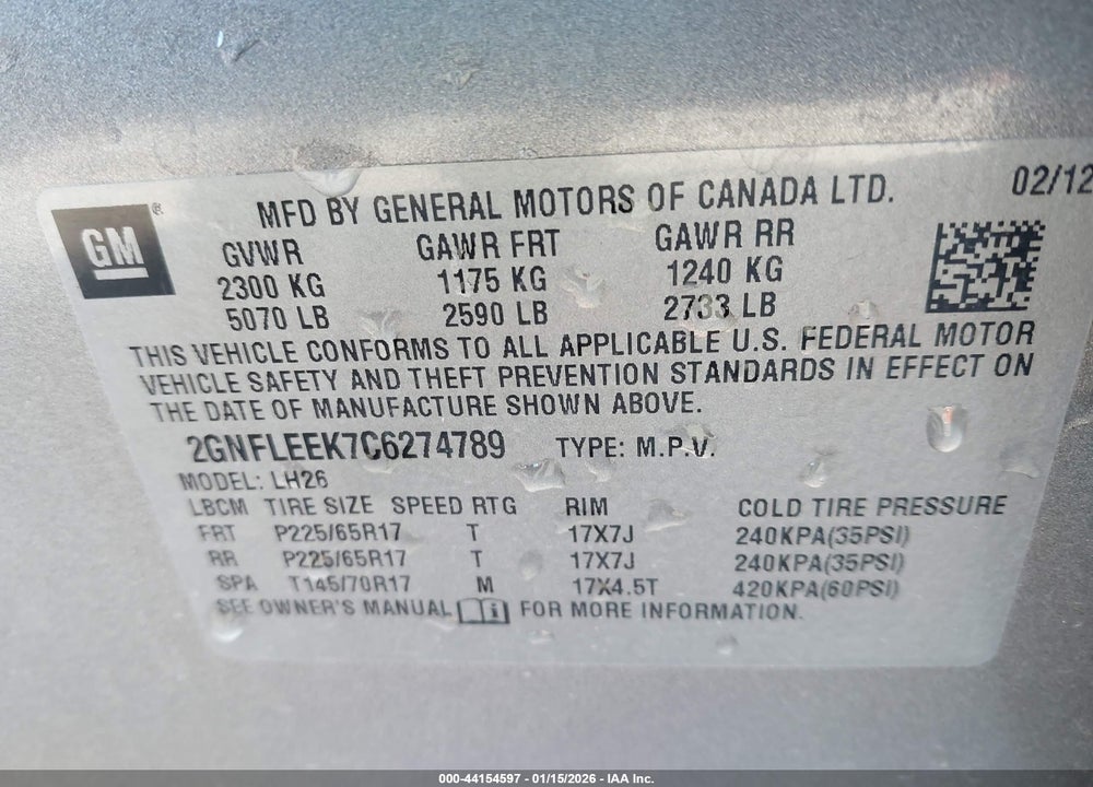 2012 CHEVROLET EQUINOX 1LT VIN: 2GNFLEEK7C6274789