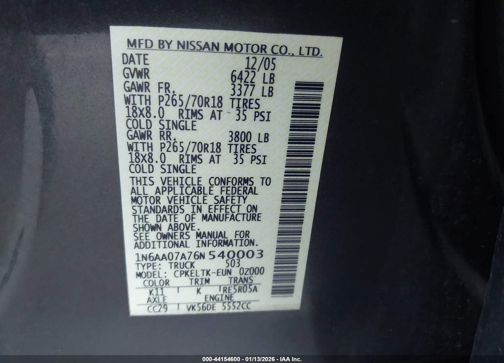 2006 NISSAN TITAN SE VIN: 1N6AA07A76N540003