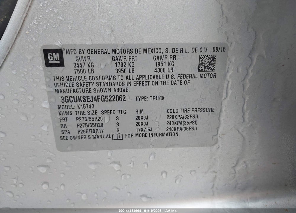 2015 CHEVROLET SILVERADO K1500 LTZ VIN: 3GCUKSEJ4FG522062