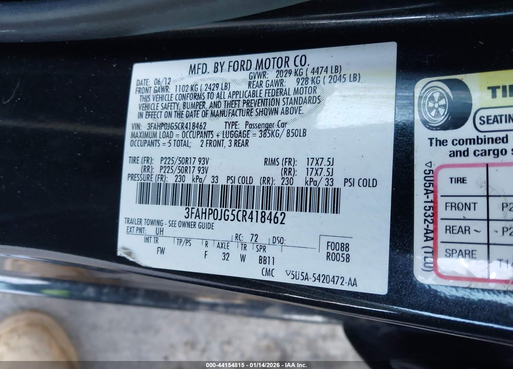 2012 FORD FUSION SEL VIN: 3FAHP0JG5CR418462