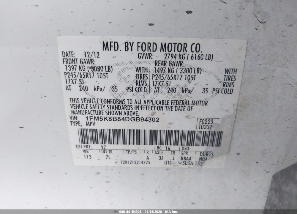 2013 FORD EXPLORER VIN: 1FM5K8B84DGB94302
