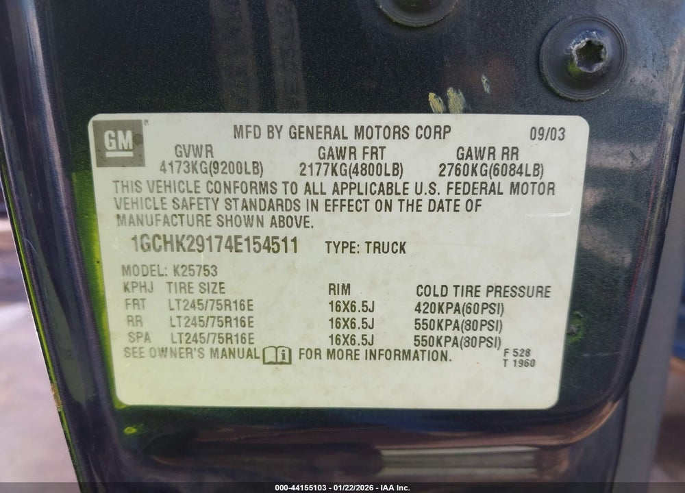 2004 CHEVROLET SILVERADO 2500HD LS VIN: 1GCHK29174E154511