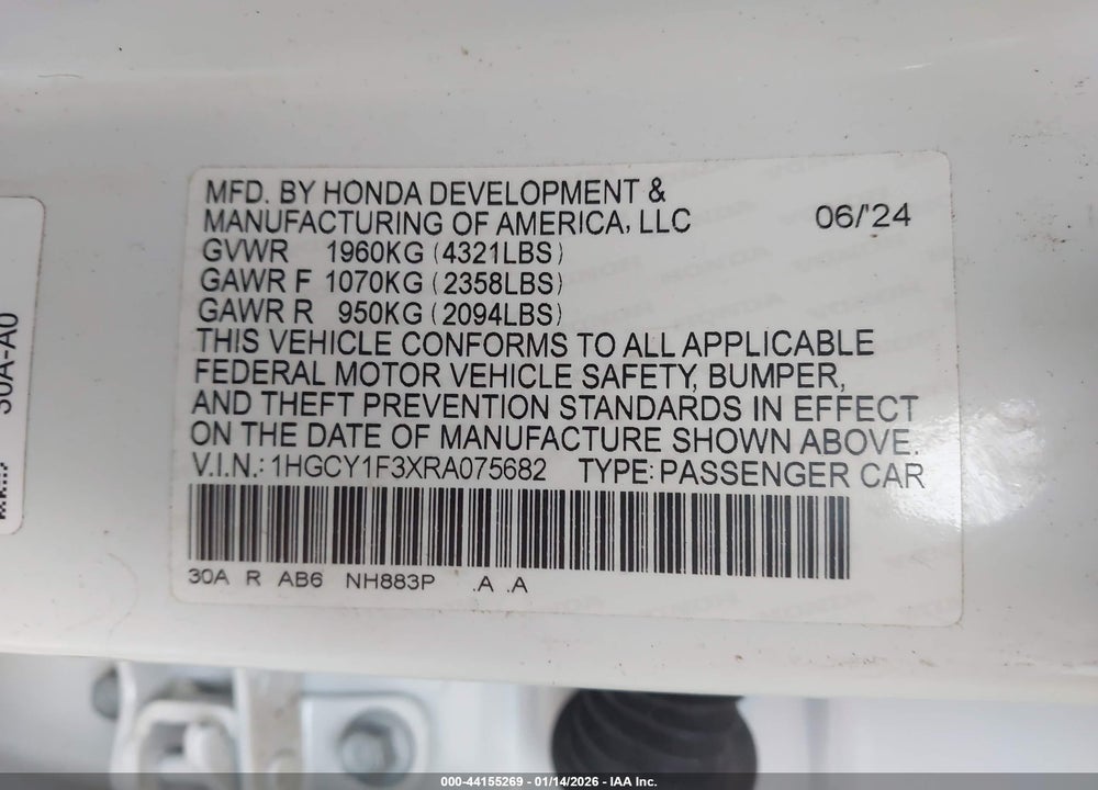 2024 HONDA ACCORD EX VIN: 1HGCY1F3XRA075682