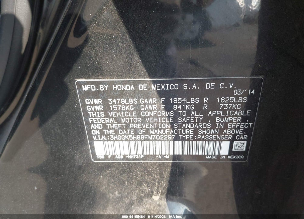 2015 HONDA FIT EX/EX-L VIN: 3HGGK5H88FM702297