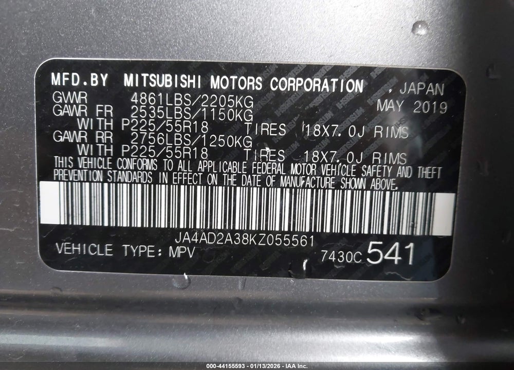 2019 MITSUBISHI OUTLANDER ES VIN: JA4AD2A38KZ055561