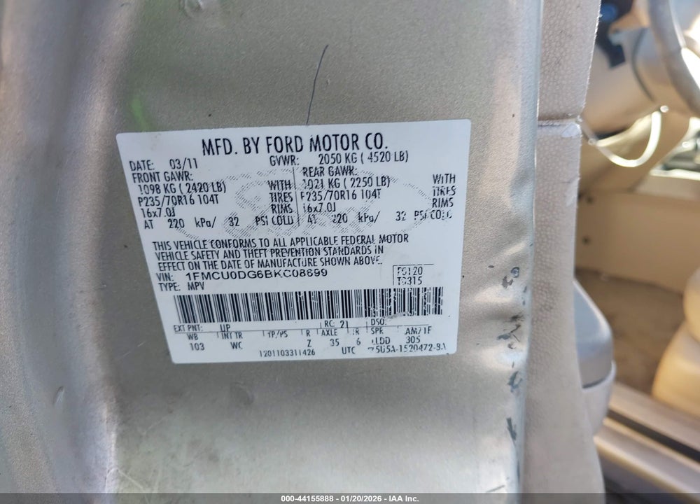 2011 FORD ESCAPE XLT VIN: 1FMCU0DG6BKC08699