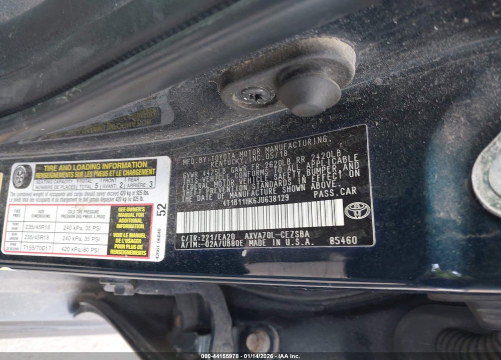 2018 TOYOTA CAMRY SE VIN: 4T1B11HK6JU638129