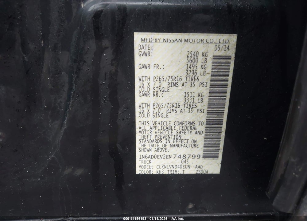 2014 NISSAN FRONTIER PRO-4X VIN: 1N6AD0EV2EN748799