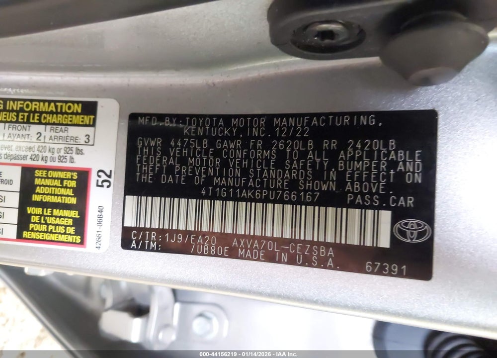 2023 TOYOTA CAMRY SE VIN: 4T1G11AK6PU766167