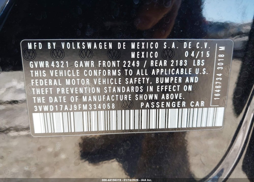 2015 VOLKSWAGEN JETTA 1.8T SE VIN: 3VWD17AJ9FM334058