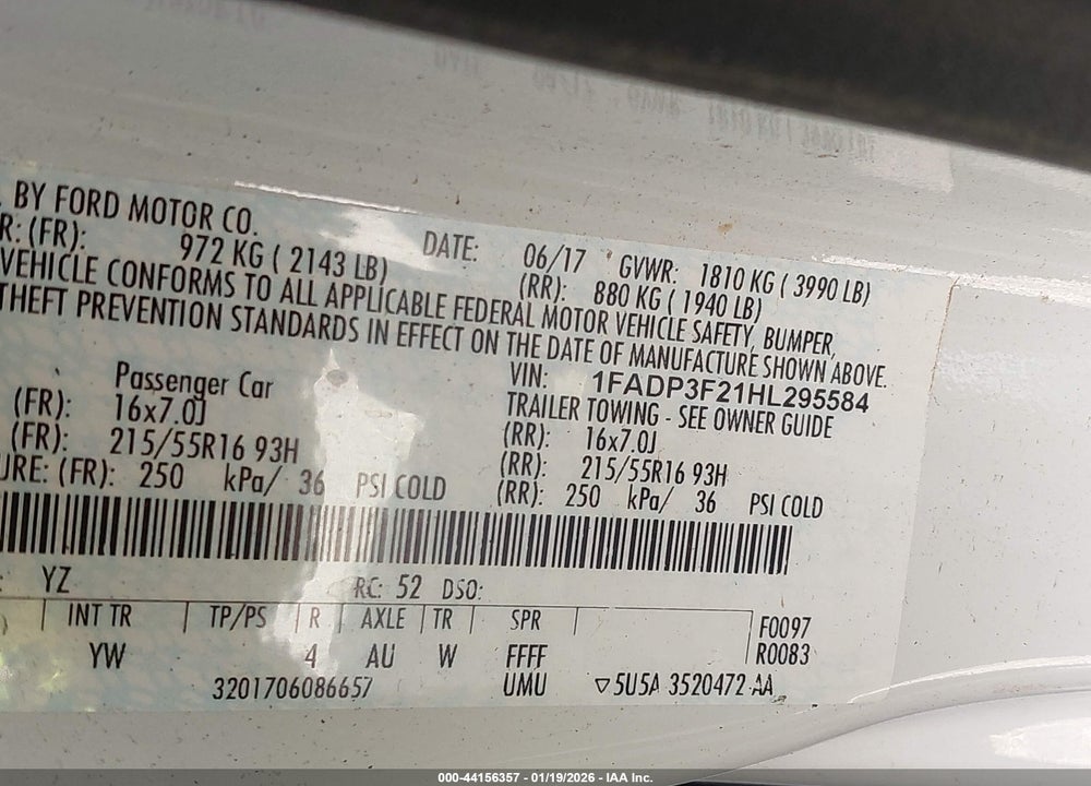 2017 FORD FOCUS SE VIN: 1FADP3F21HL295584