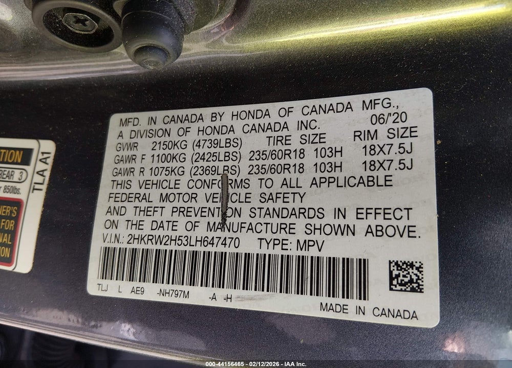 2020 HONDA CR-V AWD EX VIN: 2HKRW2H53LH647470