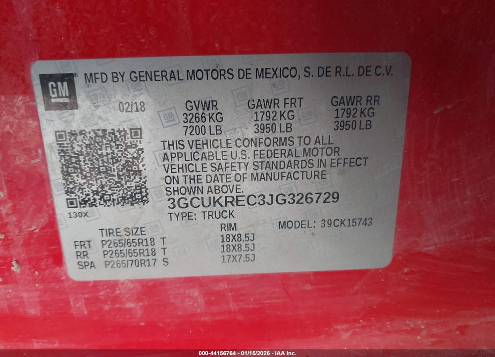 2018 CHEVROLET SILVERADO 1500 2LT VIN: 3GCUKREC3JG326729