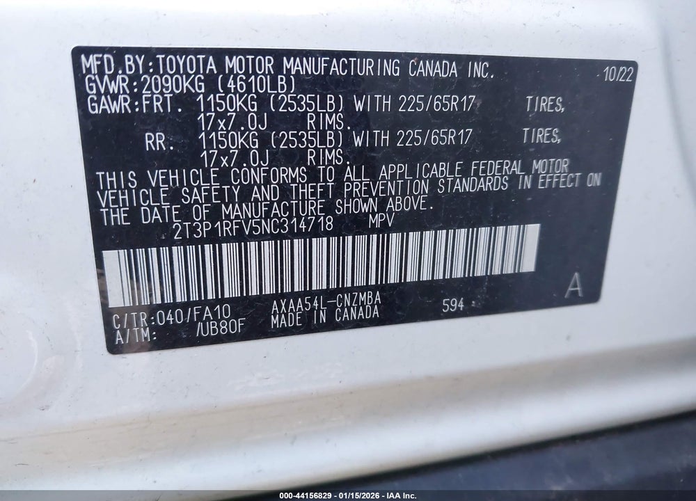 2022 TOYOTA RAV4 XLE VIN: 2T3P1RFV5NC314718