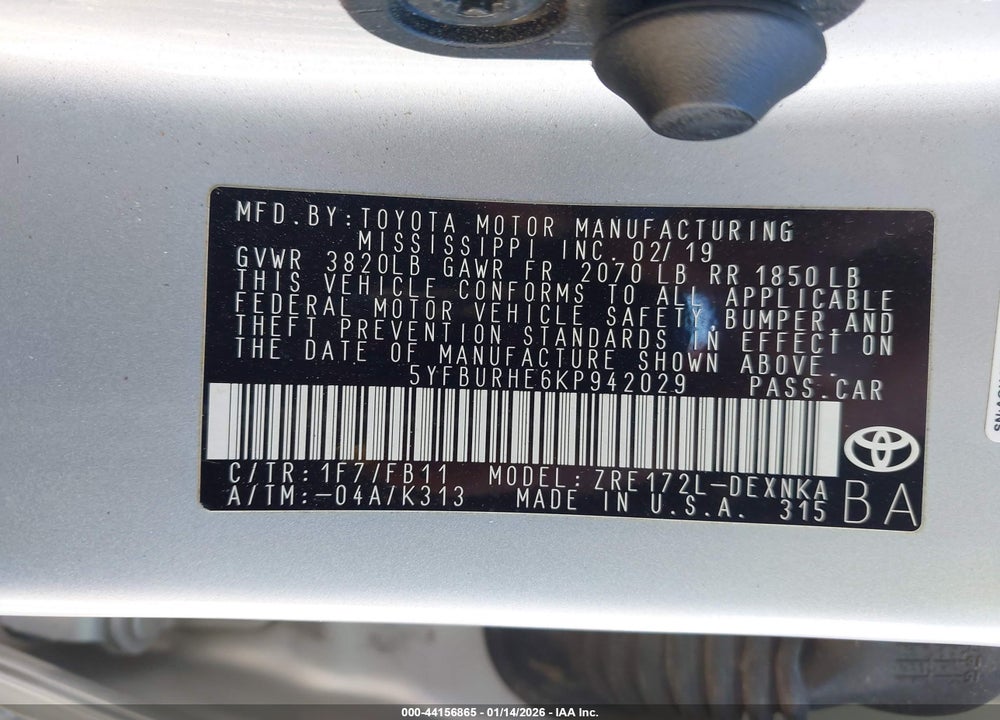 2019 TOYOTA COROLLA LE VIN: 5YFBURHE6KP942029