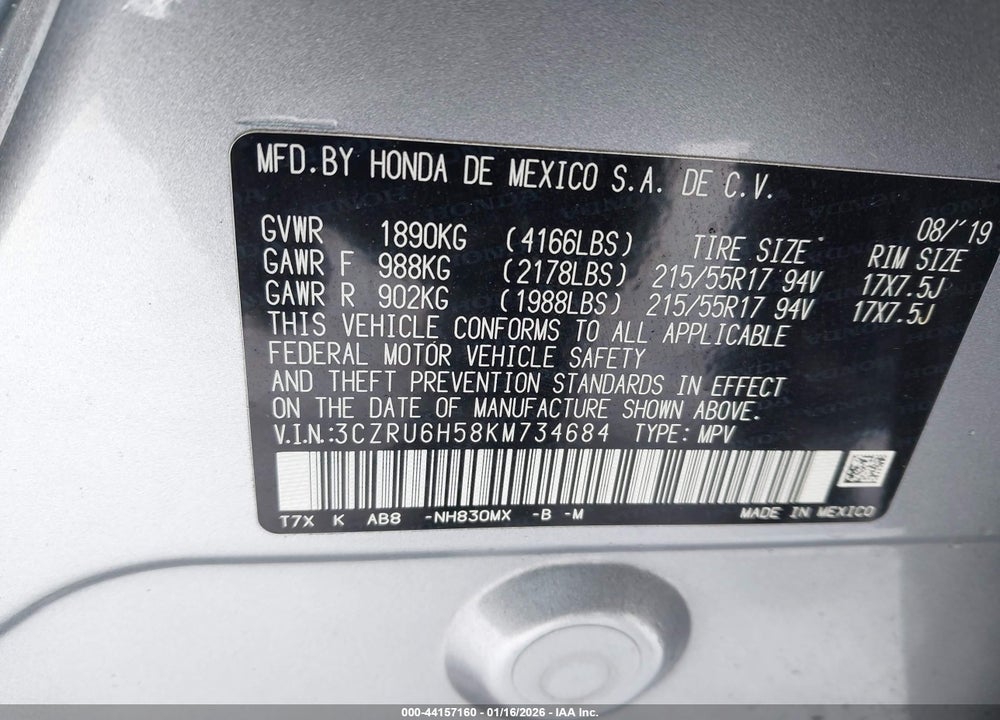 2019 HONDA HR-V EX VIN: 3CZRU6H58KM734684