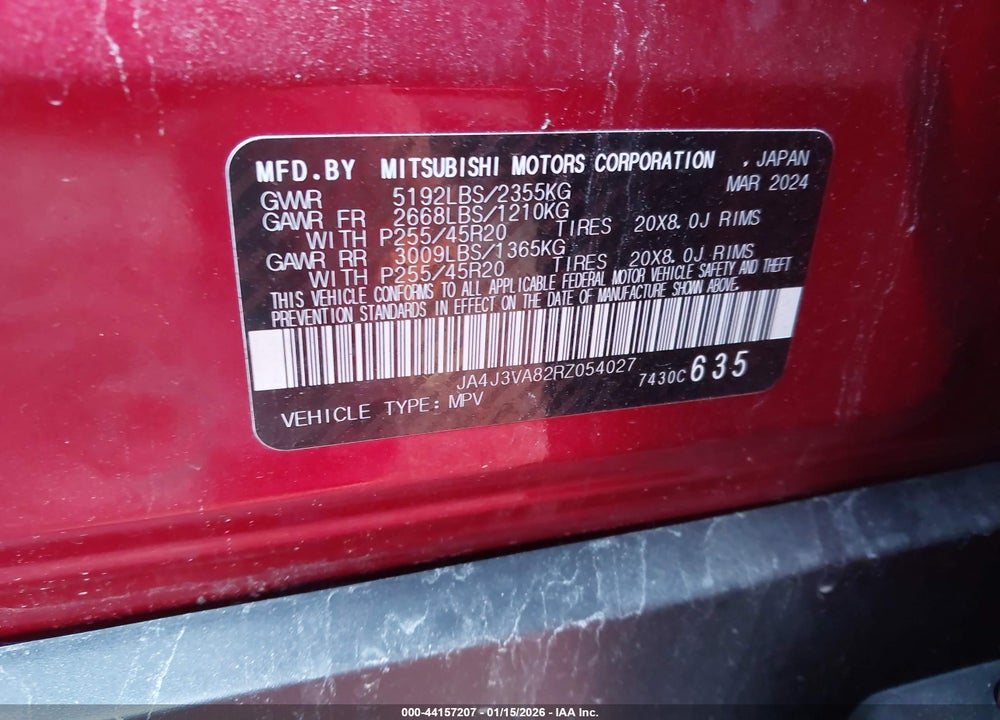 2024 MITSUBISHI OUTLANDER SE 2.5 2WD VIN: JA4J3VA82RZ054027