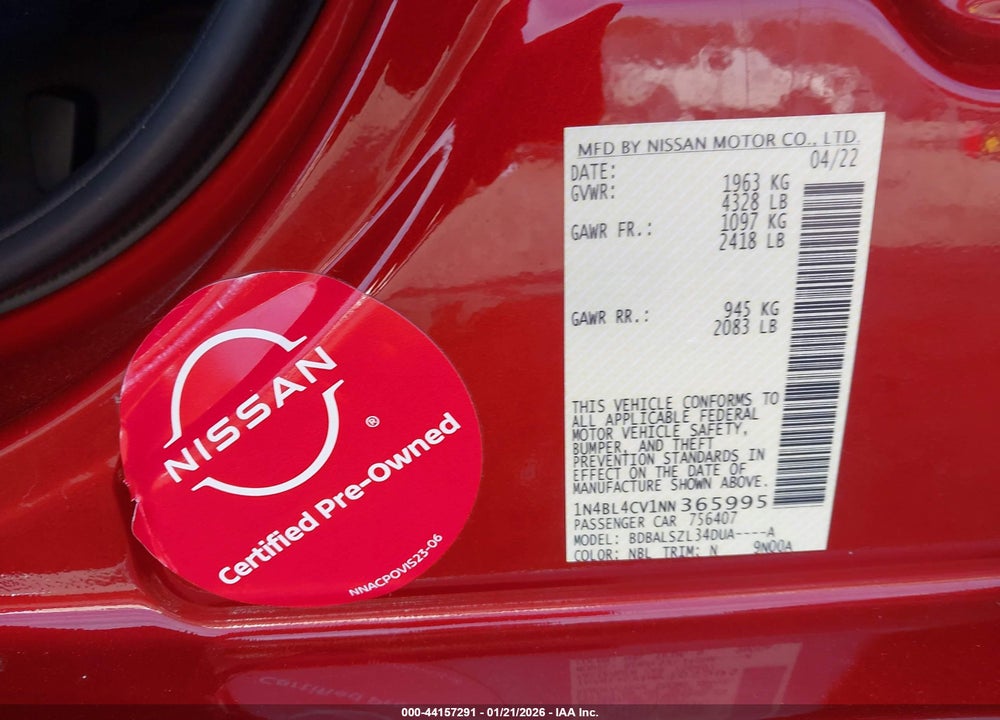 2022 NISSAN ALTIMA SR FWD VIN: 1N4BL4CV1NN365995