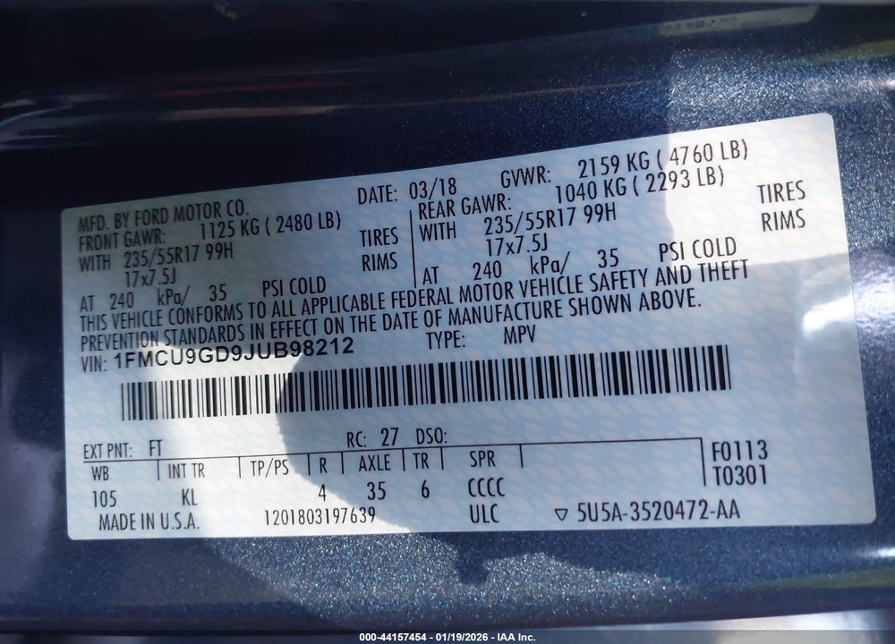 2018 FORD ESCAPE SE VIN: 1FMCU9GD9JUB98212