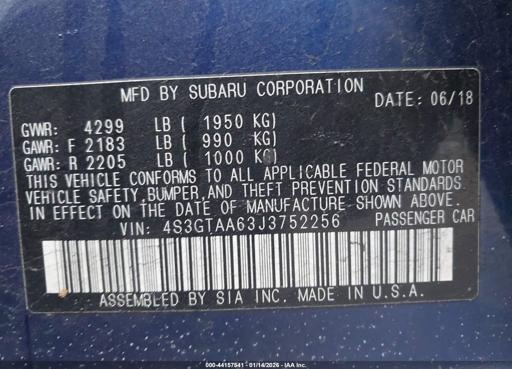 2018 SUBARU IMPREZA 2.0I VIN: 4S3GTAA63J3752256