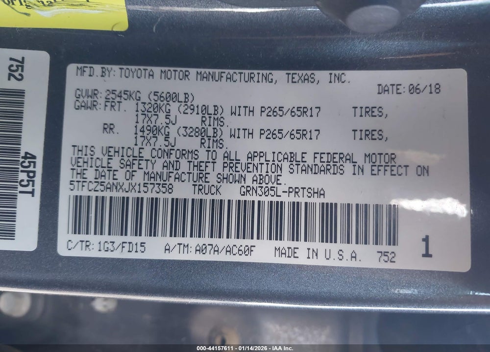 2018 TOYOTA TACOMA TRD SPORT VIN: 5TFCZ5ANXJX157358