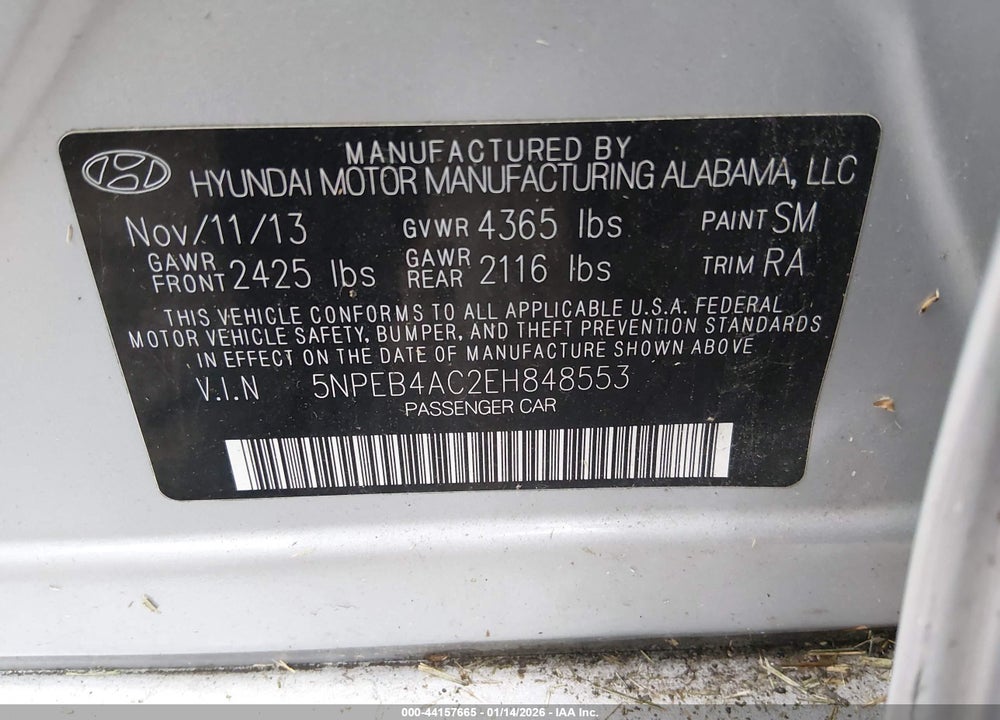 2014 HYUNDAI SONATA GLS VIN: 5NPEB4AC2EH848553