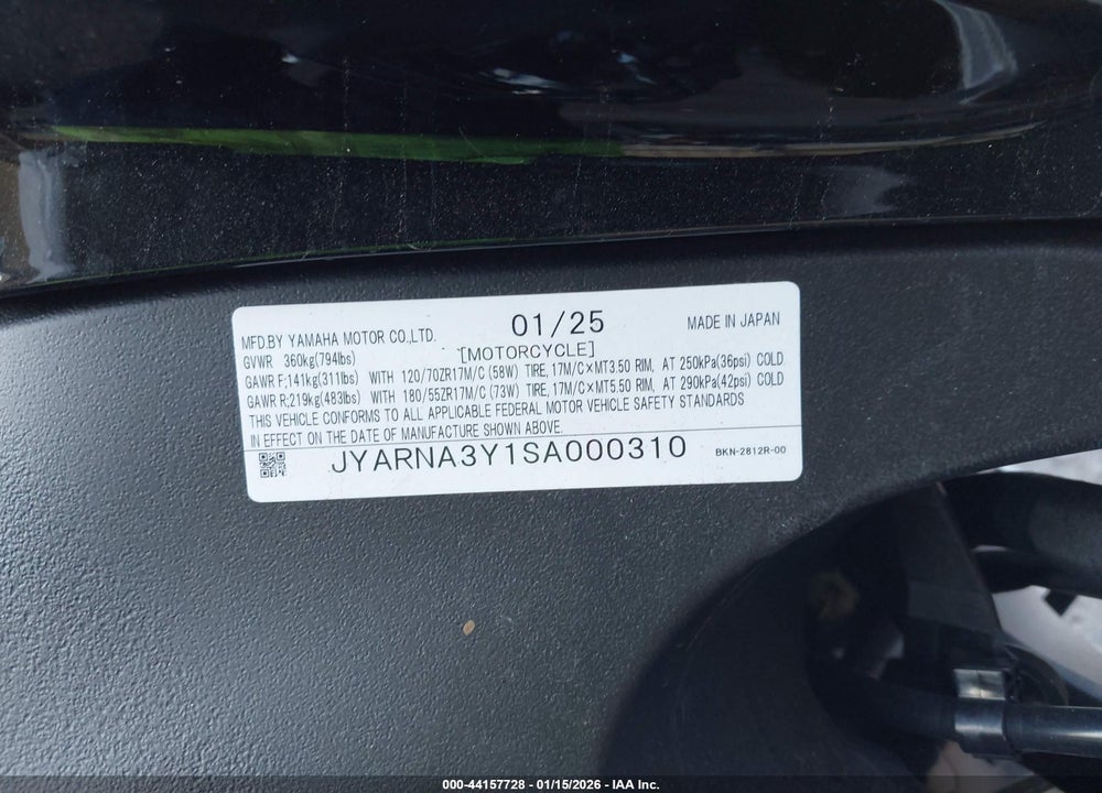 2025 YAMAHA YZF890 C VIN: JYARNA3Y1SA000310