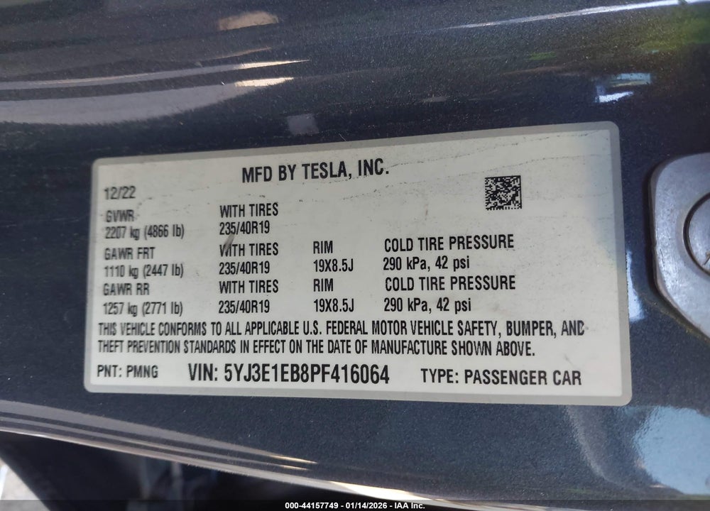 2023 TESLA MODEL 3 LONG RANGE DUAL MOTOR ALL-WHEEL DRIVE VIN: 5YJ3E1EB8PF416064