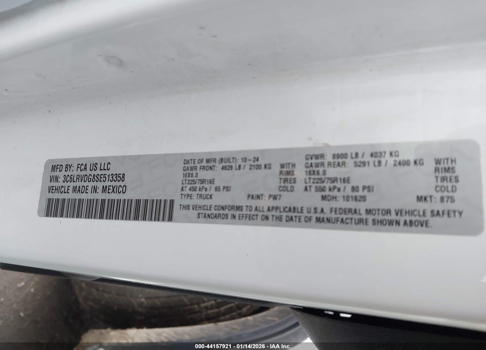 2025 RAM PROMASTER 2500 TRADESMAN HIGH ROOF 159 WB W/PASS SEAT VIN: 3C6LRVDG8SE513358
